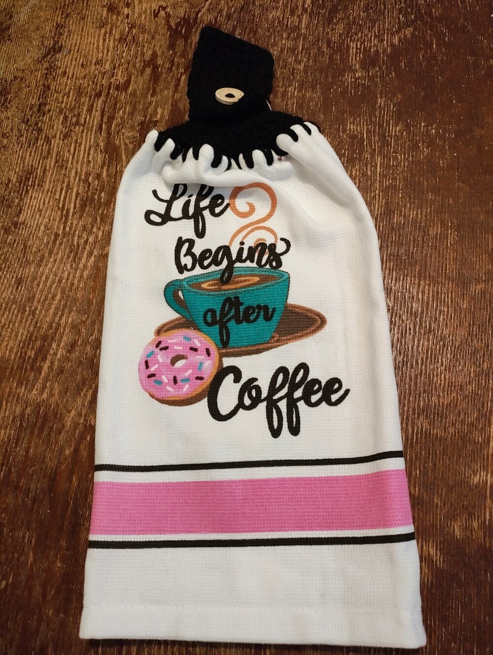 Handmade Coffee-Themed Hanging Kitchen Towel with Donut Graphic